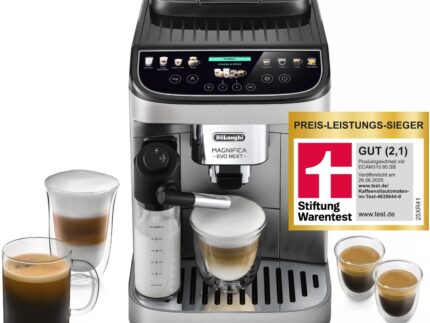 De’Longhi Magnifica Evo Next - Perfetto Kaffeevollautomat mit LatteCrema-Milchaufschäumer, 13 One-Touch-Getränke, Coffee- und Cappuccino Kaffeemaschine, farbiges Touch-Display, Titan (ECAM312.80.SB)