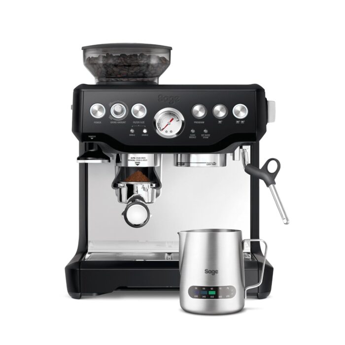 Sage - The Barista Express - Kaffeemaschine mit manuellem Milchaufschäumer & Mahlwerk - Automatisches Mahlen, individueller Milchschaum - Gebürsteter Edelstahl, Milchkännchen mit Temperaturregelung