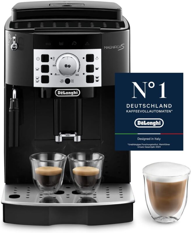 De’Longhi Magnifica S - Perfetto Kaffeevollautomat mit klassischem Milchaufschäumer, Espresso- und Cappuccino Kaffeemaschine, Bedienfeld mit Tasten, Schwarz (ECAM22.110.B)