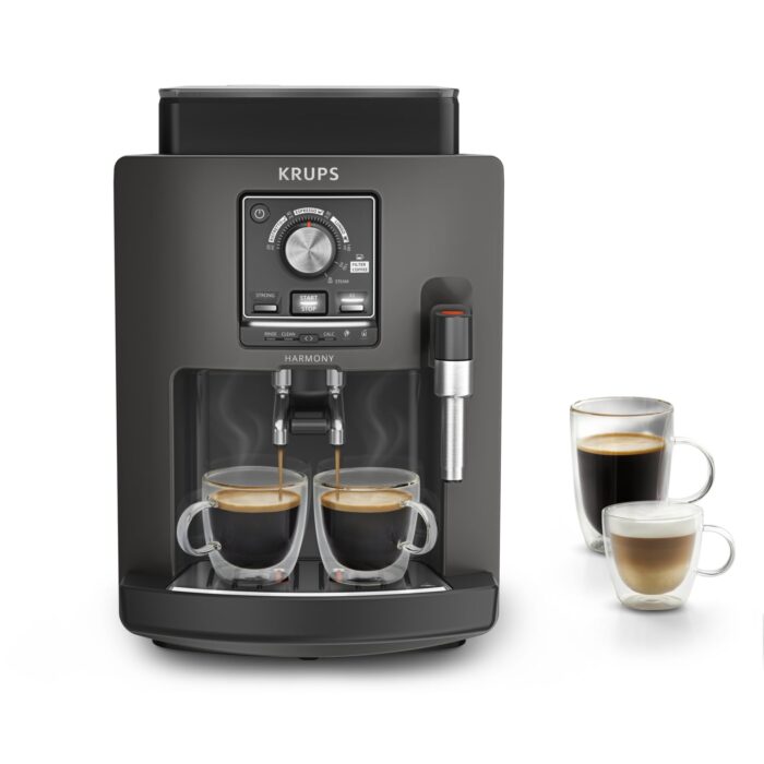KRUPS Arabica Picto Kaffeevollautomat, kompaktes Design, einfache Bedienung, intuitiv einstellbarer Drehregler, Milchschaumdüse, 2-Tassen-Funktion, Kaffeemaschine, Schwarz, EA810870