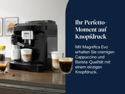 De’Longhi Magnifica Evo - Perfetto Kaffeevollautomat mit LatteCrema-Milchaufschäumer, 7 One-Touch-Getränke, Cappuccino, Espresso Kaffeemaschine, Soft-Touch-Bedienfeld, Schwarz (ECAM292.81.B)