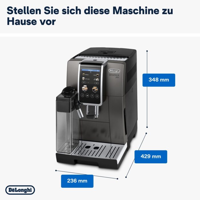 De'Longhi Dinamica Plus ECAM380.95.TB, Kaffeevollautomat mit LatteCrema Milchsystem, One-Touch-Cappuccino, mit 24 Rezepten, 3,5-Zoll TFT-Farbdisplay, 1450W, Titan/Schwarz