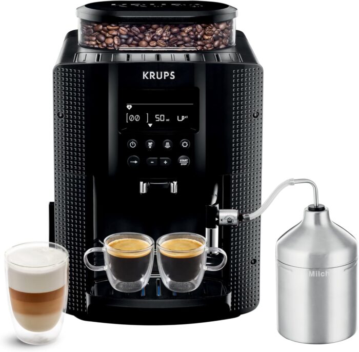 KRUPS Arabica Picto Kaffeevollautomat, kompaktes Design, einfache Bedienung, intuitiv einstellbarer Drehregler, Milchschaumdüse, 2-Tassen-Funktion, Kaffeemaschine, Schwarz, EA810870