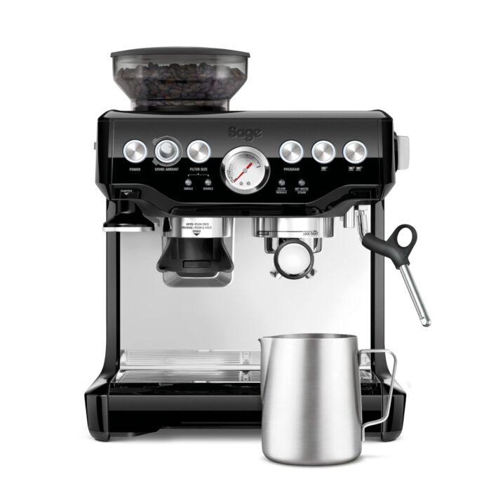 Sage - The Barista Express - Kaffeemaschine mit manuellem Milchaufschäumer & Mahlwerk - Automatisches Mahlen, individueller Milchschaum - Gebürsteter Edelstahl, Milchkännchen mit Temperaturregelung