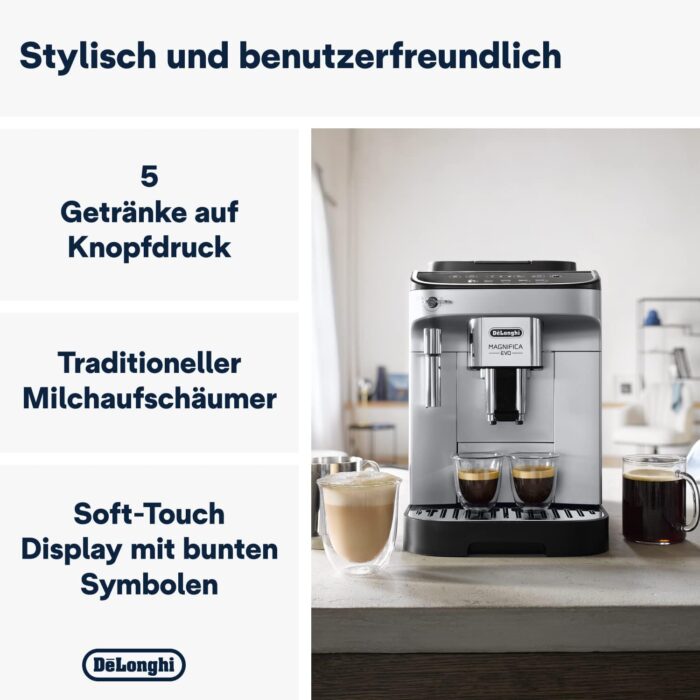 De’Longhi Magnifica Evo - Perfetto Kaffeevollautomat mit klassischem Milchaufschäumer, 4 One-Touch-Getränke, Cappuccino, Espresso Kaffeemaschine, Soft-Touch-Bedienfeld, Silber (ECAM292.33.SB)