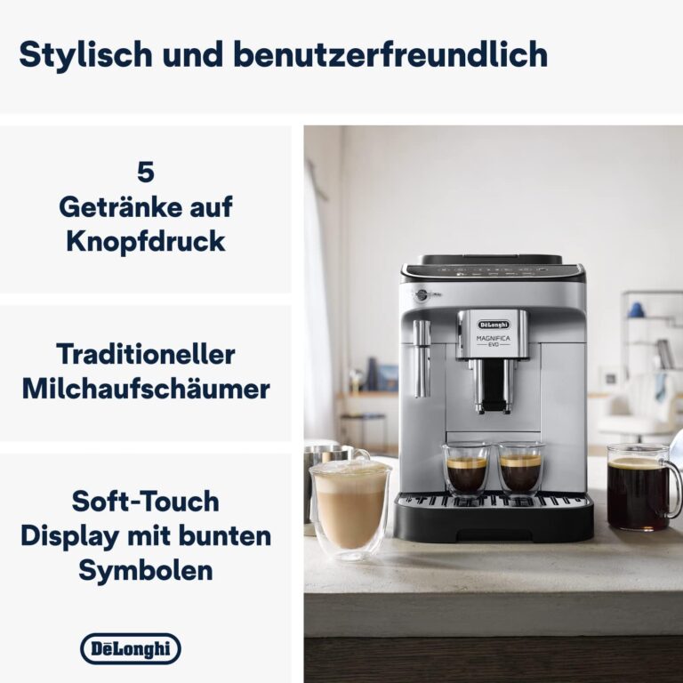 De’Longhi Magnifica Evo - Perfetto Kaffeevollautomat mit klassischem Milchaufschäumer, 4 One-Touch-Getränke, Cappuccino, Espresso Kaffeemaschine, Soft-Touch-Bedienfeld, Silber (ECAM292.33.SB)