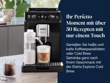 De’Longhi Eletta Explore - Perfetto Kaffeevollautomat mit LatteCrema-Milchaufschäumer, 50 Getränke inklusive Cold Brew auf Knopfdruck, farbiges Touch-Display, Dunkelgrau (ECAM452.67.G)