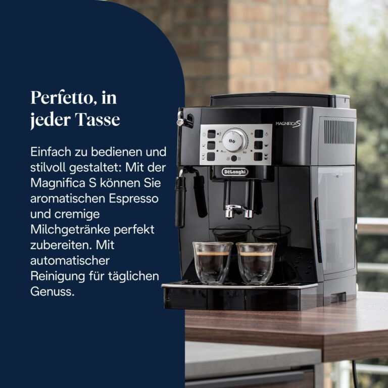 De’Longhi Magnifica S - Perfetto Kaffeevollautomat mit klassischem Milchaufschäumer, Espresso- und Cappuccino Kaffeemaschine, Bedienfeld mit Tasten, Schwarz (ECAM22.110.B)