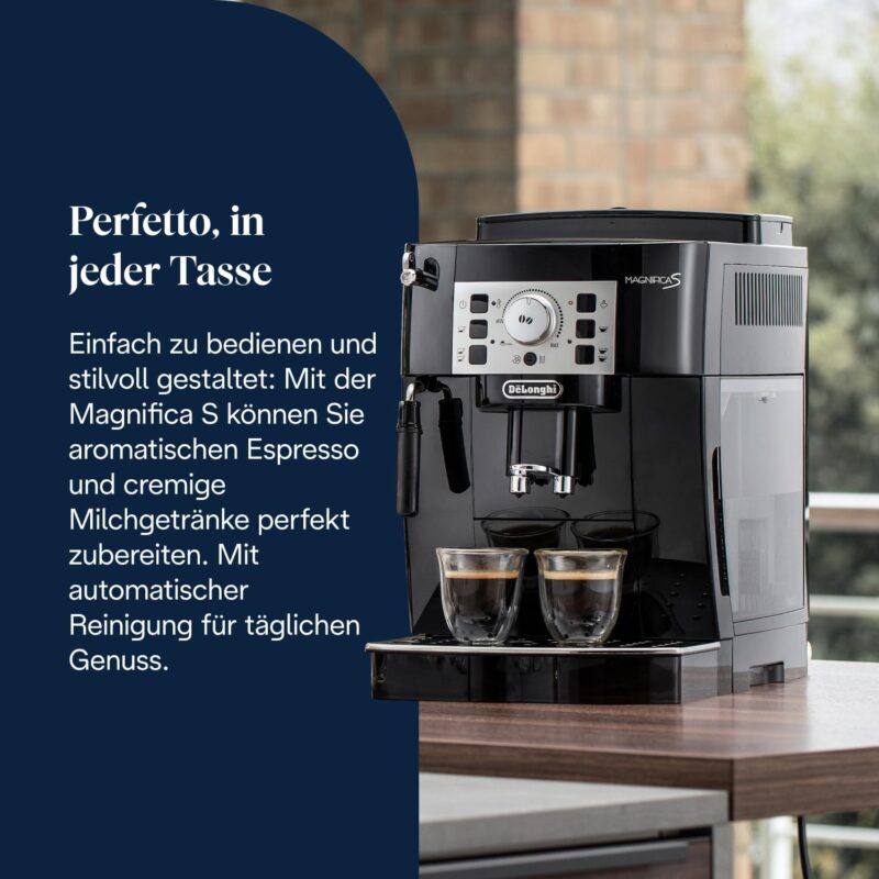De’Longhi Magnifica S - Perfetto Kaffeevollautomat mit klassischem Milchaufschäumer, Espresso- und Cappuccino Kaffeemaschine, Bedienfeld mit Tasten, Schwarz (ECAM22.110.B)