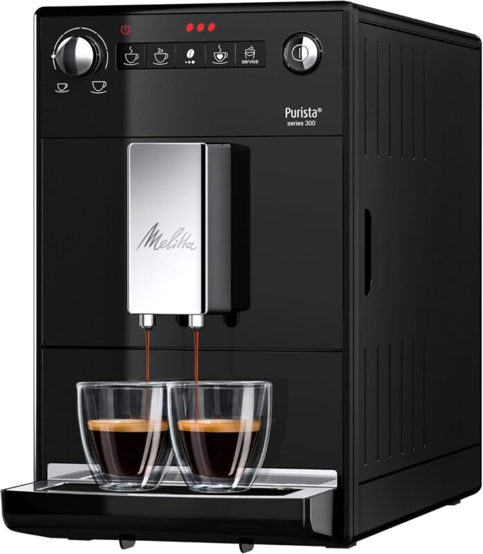 Melitta Purista – Kaffeevollautomat mit Lieblingskaffee-Funktion, Kaffeemaschine mit Mahlwerk und 3-stufig Einstellbarer Kaffeestärke, für Kaffee und Espresso, Schwarz
