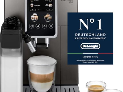 De'Longhi Dinamica Plus ECAM380.95.TB, Kaffeevollautomat mit LatteCrema Milchsystem, One-Touch-Cappuccino, mit 24 Rezepten, 3,5-Zoll TFT-Farbdisplay, 1450W, Titan/Schwarz