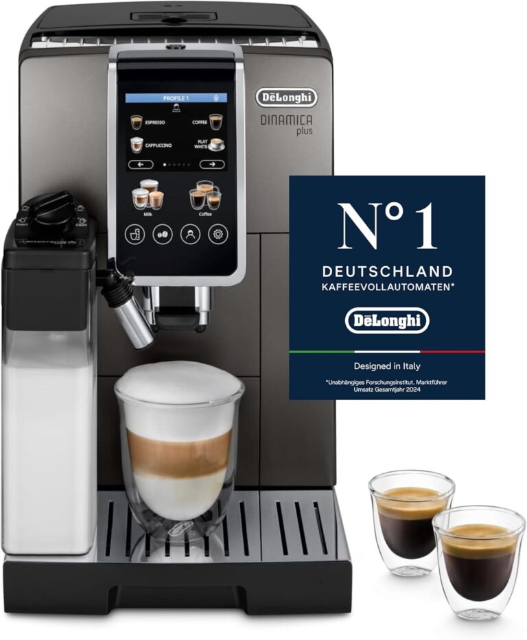 De'Longhi Dinamica Plus ECAM380.95.TB, Kaffeevollautomat mit LatteCrema Milchsystem, One-Touch-Cappuccino, mit 24 Rezepten, 3,5-Zoll TFT-Farbdisplay, 1450W, Titan/Schwarz
