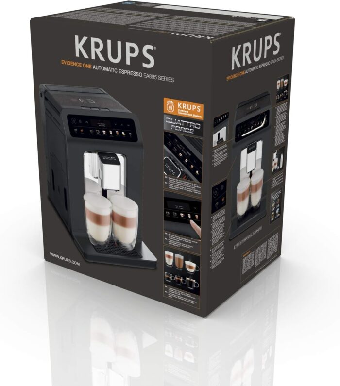 KRUPS Evidence One Kaffeevollautomat mit Milchschlauch, One-Touch-Cappuccino, 12 Getränkespezialitäten, 2-Tassen-Funktion, Farbdisplay, Kaffeemaschine, TÜV-Siegel, Schwarz, EA895N10