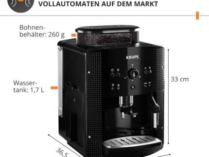 KRUPS Arabica Picto Kaffeevollautomat, kompaktes Design, einfache Bedienung, intuitiv einstellbarer Drehregler, Milchschaumdüse, 2-Tassen-Funktion, Kaffeemaschine, Schwarz, EA810870