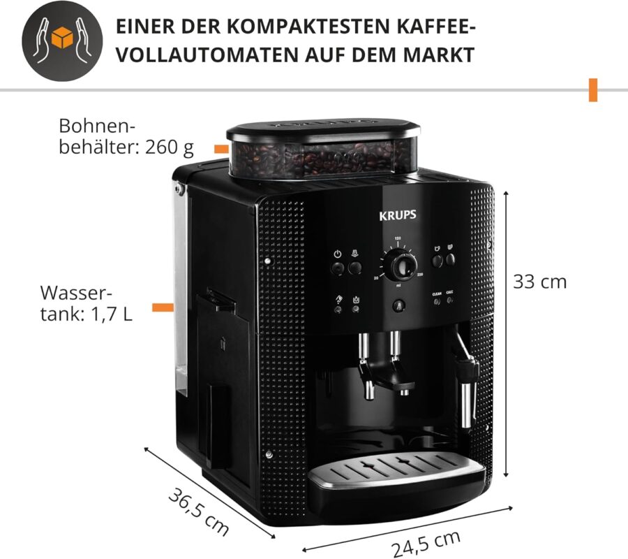 KRUPS Arabica Picto Kaffeevollautomat, kompaktes Design, einfache Bedienung, intuitiv einstellbarer Drehregler, Milchschaumdüse, 2-Tassen-Funktion, Kaffeemaschine, Schwarz, EA810870
