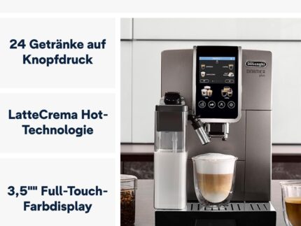 De'Longhi Dinamica Plus ECAM380.95.TB, Kaffeevollautomat mit LatteCrema Milchsystem, One-Touch-Cappuccino, mit 24 Rezepten, 3,5-Zoll TFT-Farbdisplay, 1450W, Titan/Schwarz
