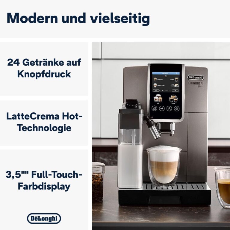 De'Longhi Dinamica Plus ECAM380.95.TB, Kaffeevollautomat mit LatteCrema Milchsystem, One-Touch-Cappuccino, mit 24 Rezepten, 3,5-Zoll TFT-Farbdisplay, 1450W, Titan/Schwarz